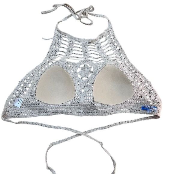 Rebellion Again Crop Top Women's Medium Ecru Crochet Macrame Halter Tie Boho - Picture 11 of 15